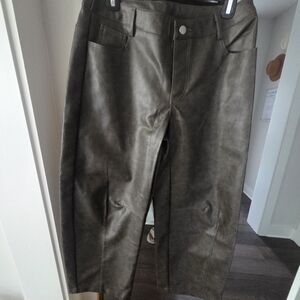 Ladie's Olive Faux Leather Barrel Leg Pants